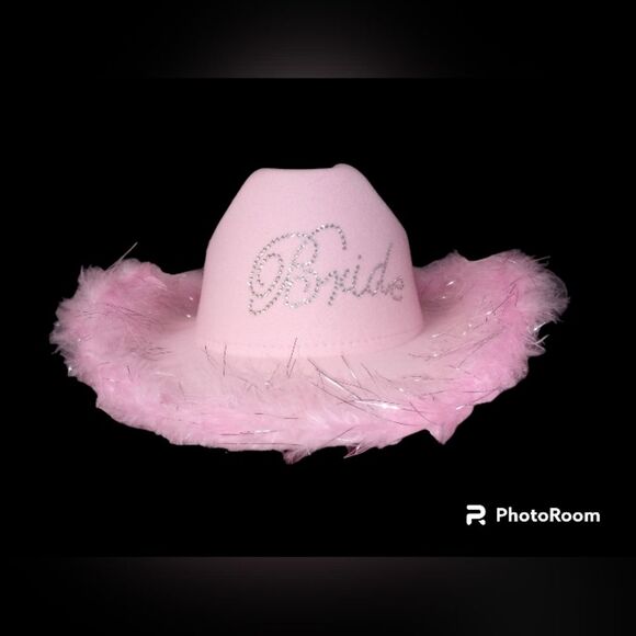 Accessories - Pink Bling Bride Cowboy Hat with Feather Boa Around Edge NWT